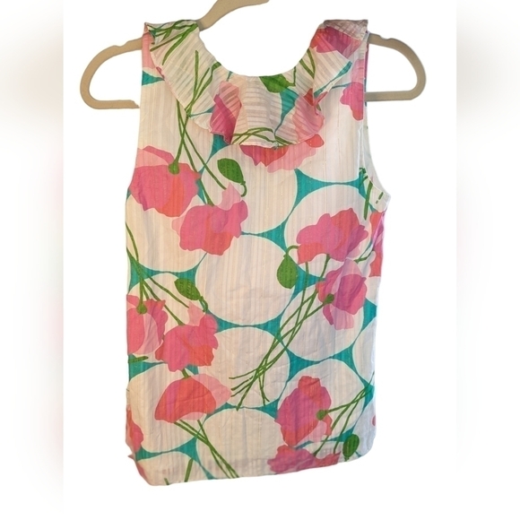 Lilly Pulitzer COTTON Ruffled Flirty Pink Green Floral Print Sleeveless Blouse S - Picture 9 of 15